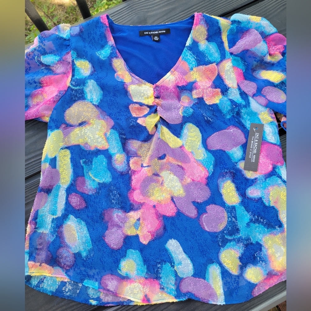 Zac & Rachel Vibrant Neon Blue And Pink Blouse Petite Medium